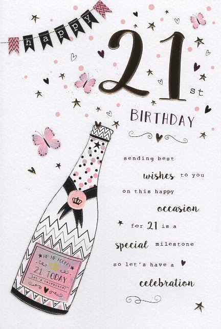 21st Birthday Card - Contemporary Pink Champagne Design